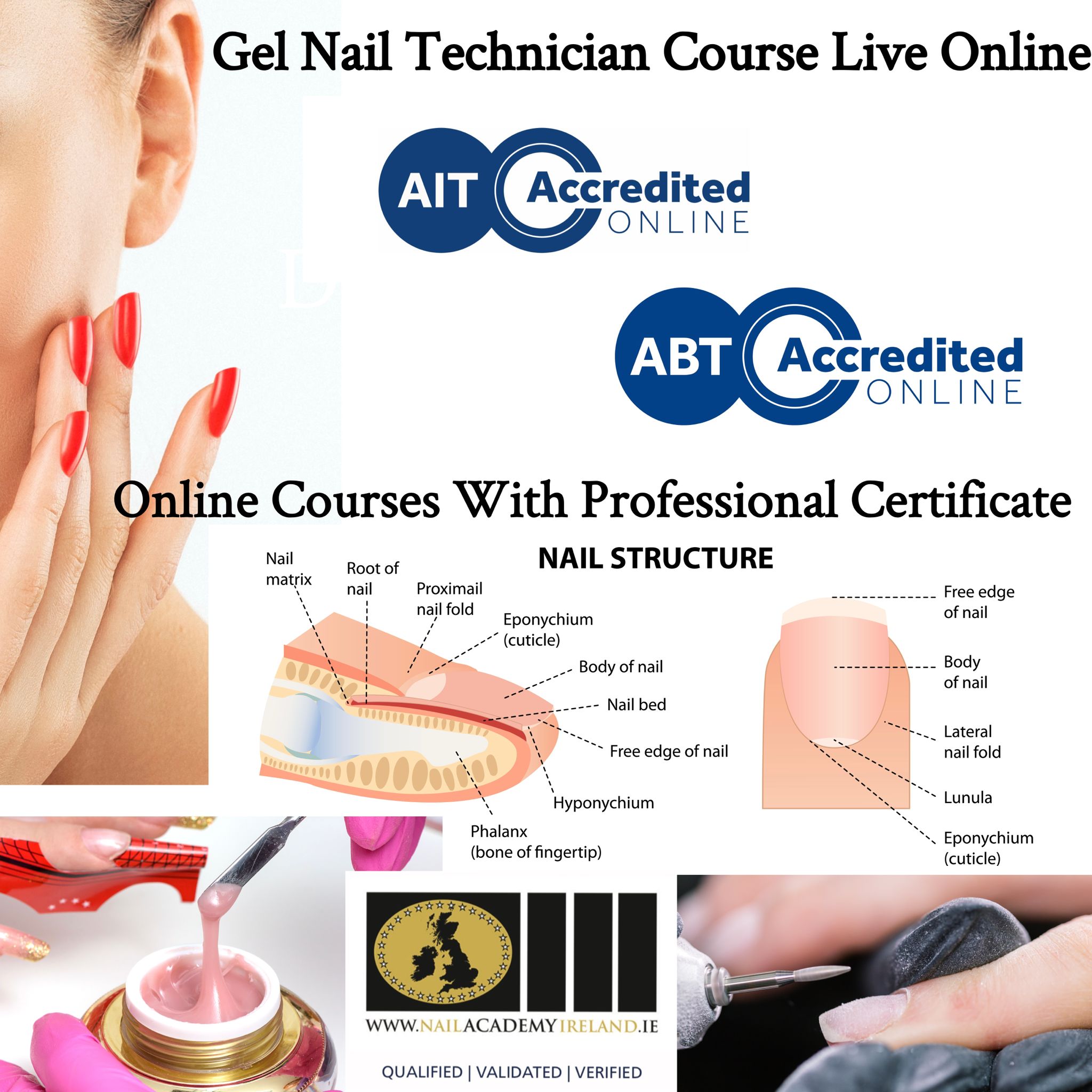 Gel Nail Technician Course Online / October 02 and Oct 03 and Oct 09 and 10. This Course is run over four evenings 7pm until 9pm each evening live. ABT-AIT Accredited. ( €74.75 each evening )